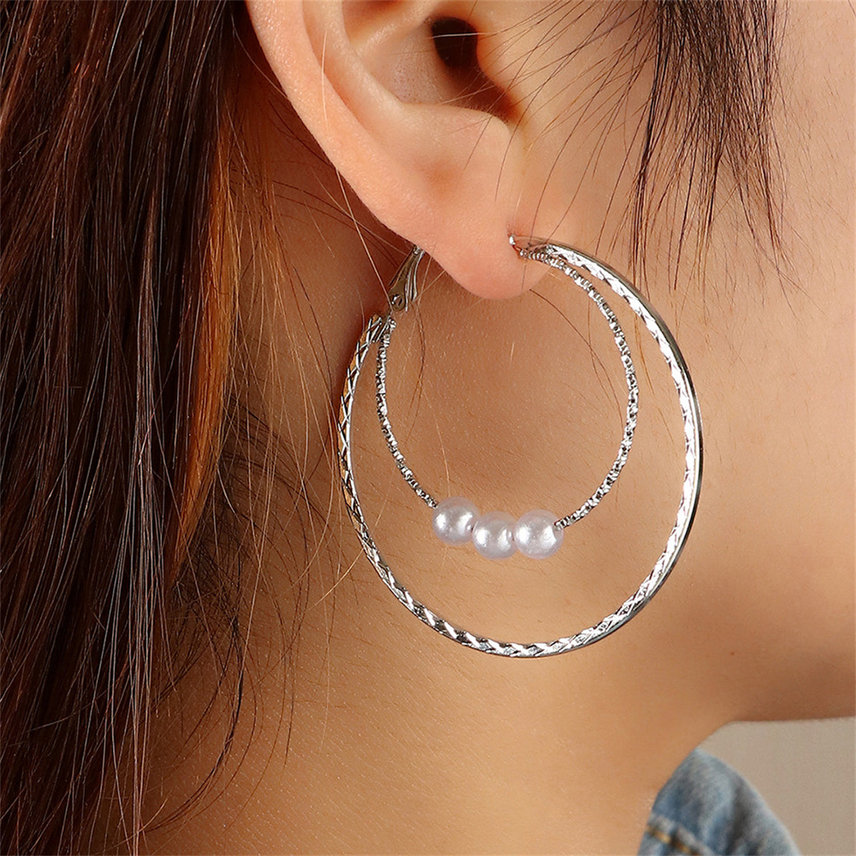 Pearl and Silver-Plated Double Hoop Earrings, botanical inspired, styled look