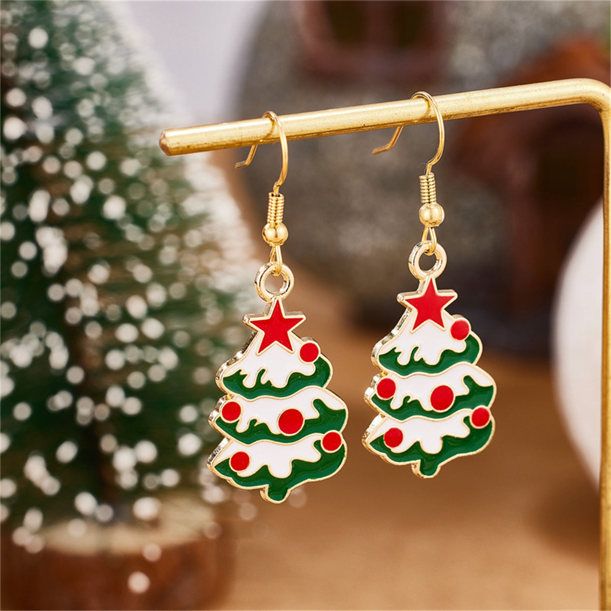 Multicolor Enamel and 18K Gold-Plated Christmas Tree Drop Earrings, gold drop earrings for women, everyday style, side view