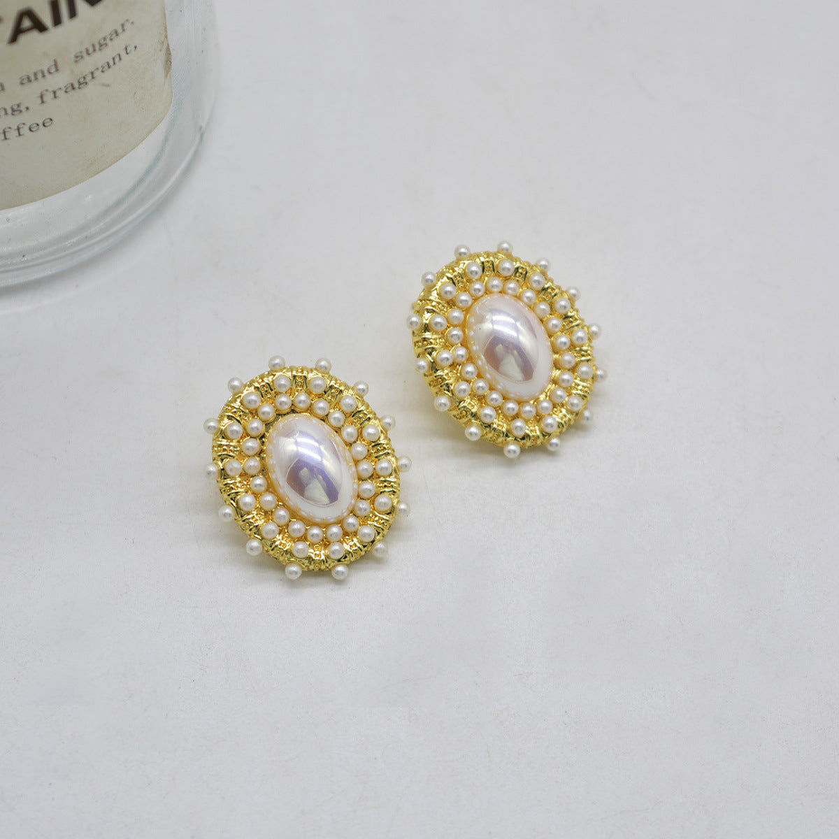 Pearl and 18K Gold-Plated Halo Oval Stud Earrings, gold stud earrings for women, botanical inspired, styled look