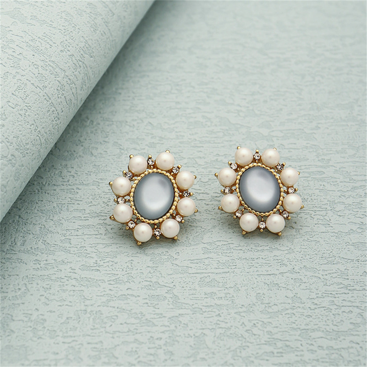 Green Cateye & Pearl Flower Stud Earrings