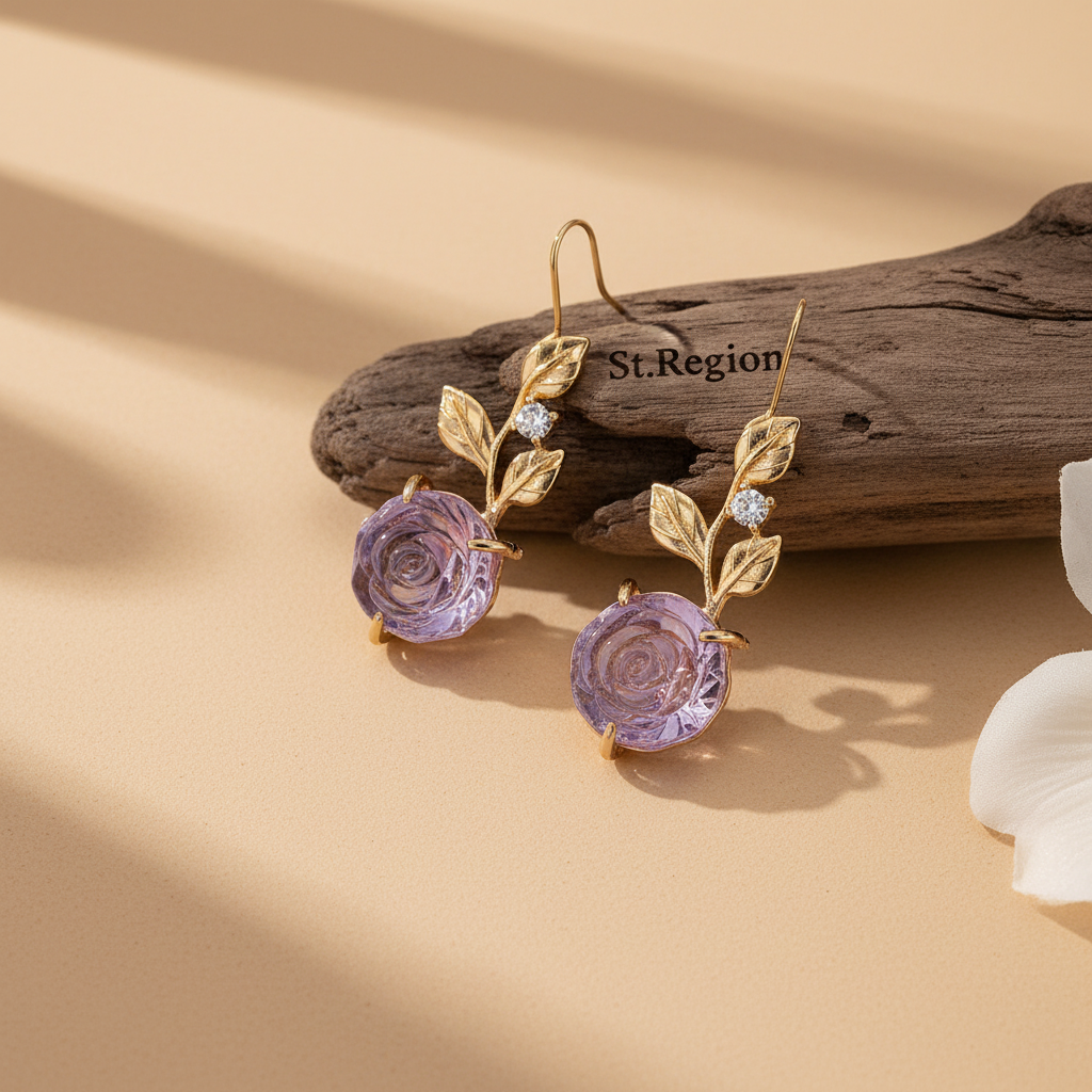 Purple Resin & Cubic Zirconia Goldtone Flower Dangle Earrings - Street Region