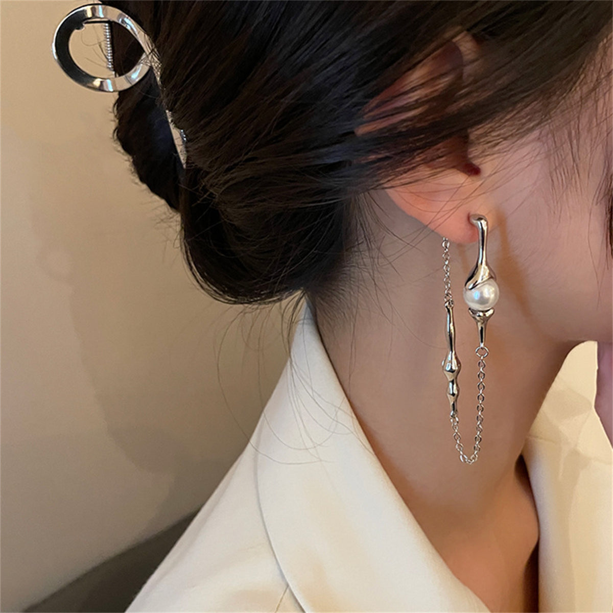 Pearl & Crystal Silver-Plated Mismatched Ear Jackets