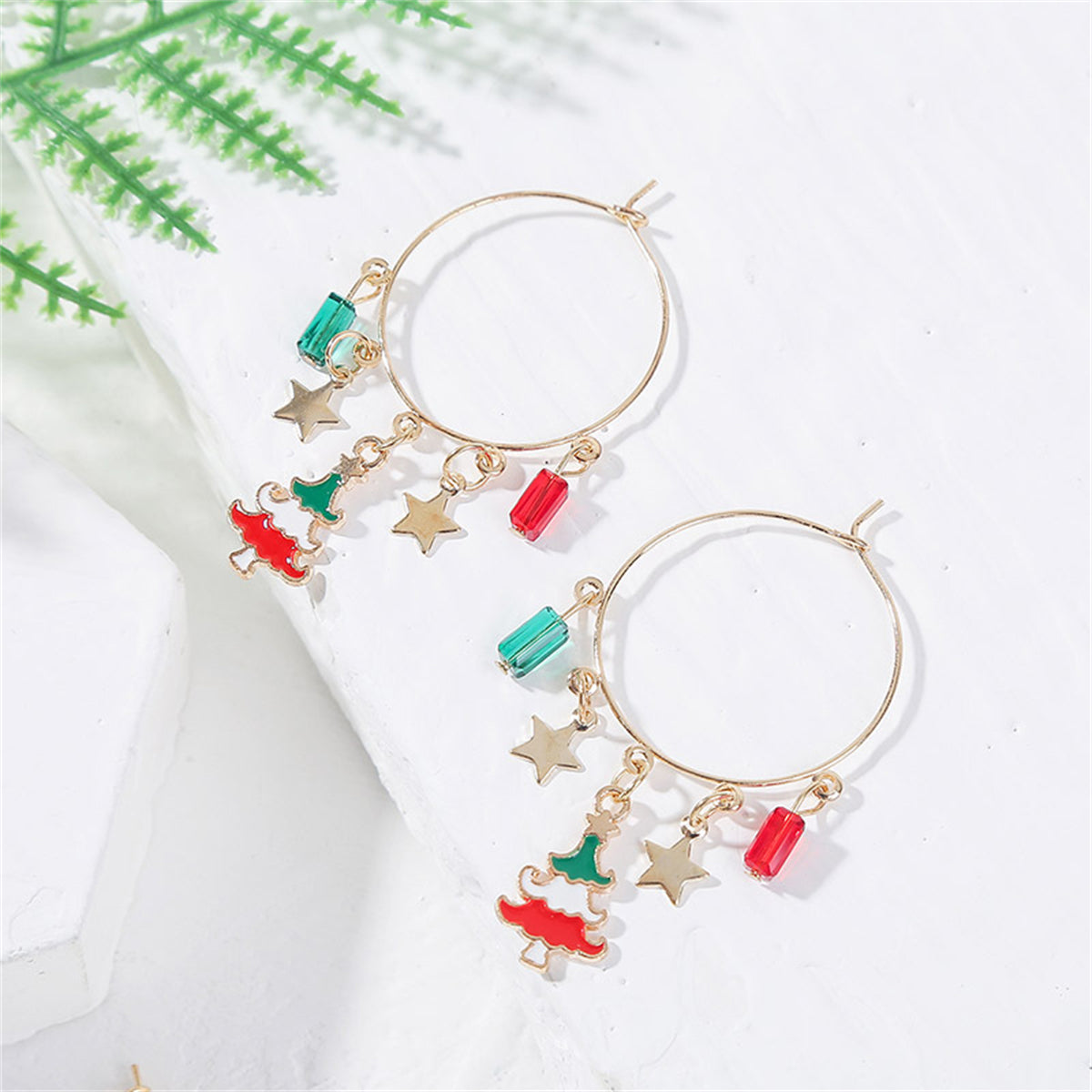 Red Enamel and 18K Gold-Plated Star and Tree Hoop Earrings, gold drop earrings for women, botanical inspired, side view