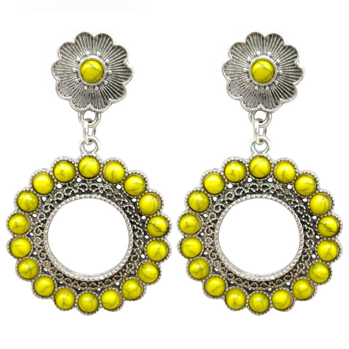 Yellow Turquoise and Silver-Plated Flower Drop Earrings, silver drop earrings for women, dainty minimalist design, side view