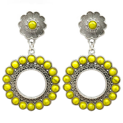 Yellow Turquoise and Silver-Plated Flower Drop Earrings, silver drop earrings for women, dainty minimalist design, side view