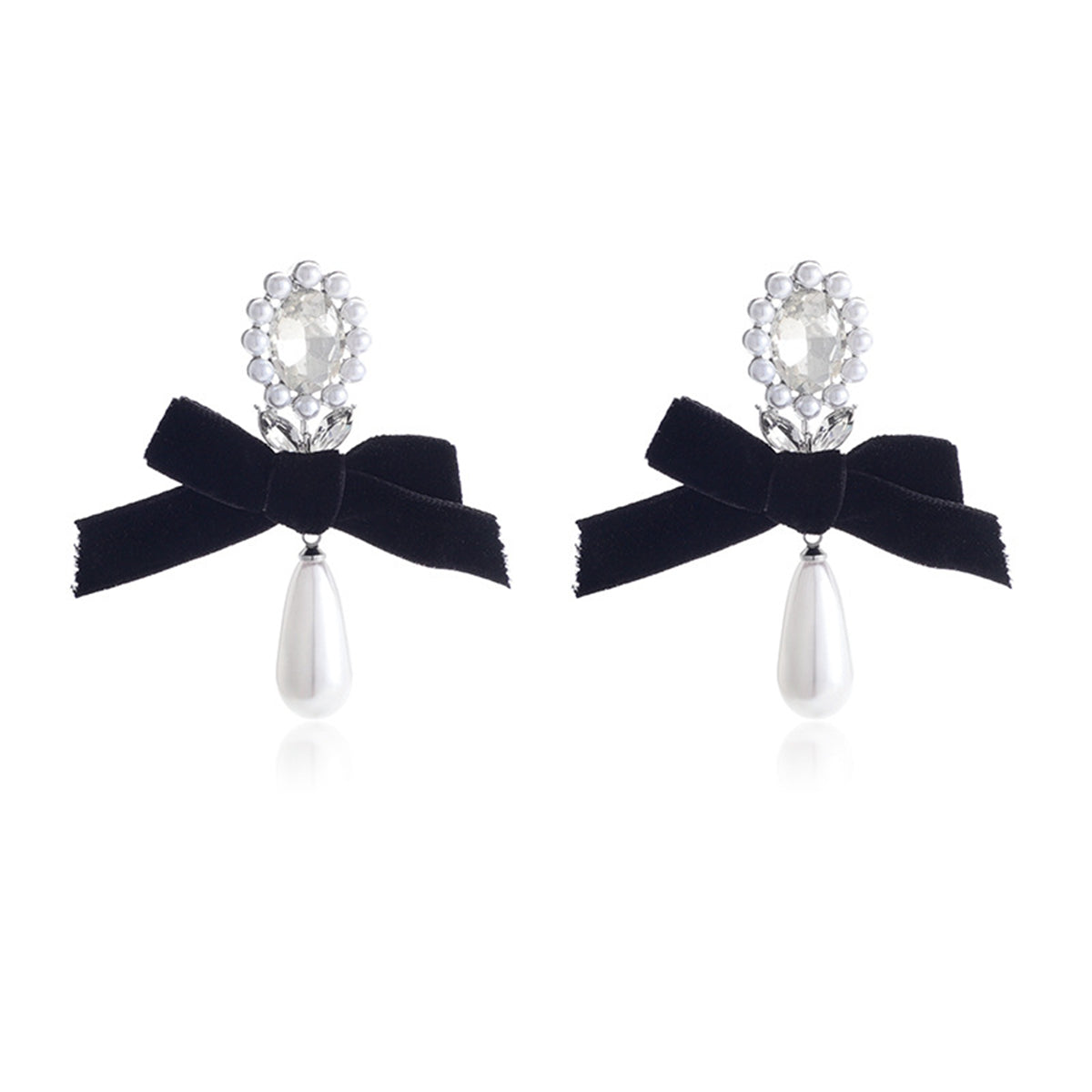 Black Flocking and Crystal Pearl Silver-Plated Bow Drop Earrings, silver drop earrings for women, styled look
