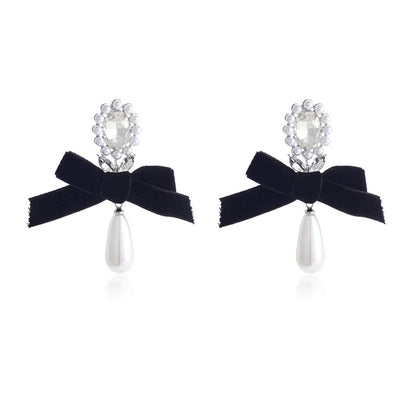 Black Flocking and Crystal Pearl Silver-Plated Bow Drop Earrings, silver drop earrings for women, styled look