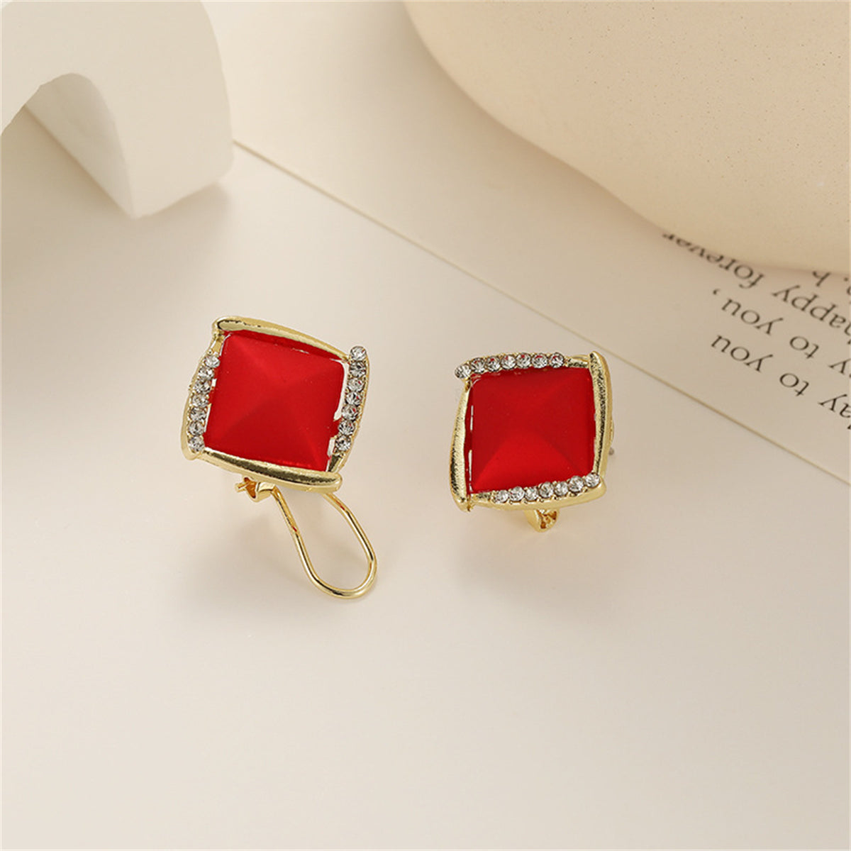 Red Resin and Cubic Zirconia Rhombus Stud Earrings, stud earrings for women, vintage-inspired design, lifestyle look
