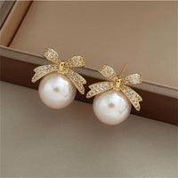 Cubic Zirconia & Pearl Bow Stud Earrings