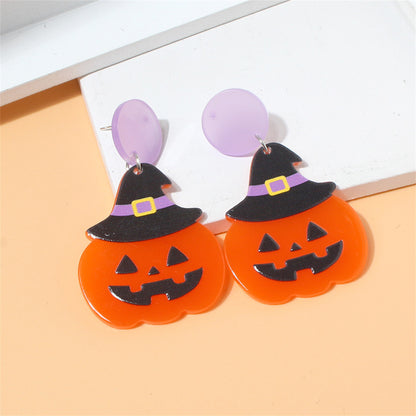 Orange Witch Hat Jack-O'-Lantern Drop Earrings, drop earrings for women, vintage-inspired design, side view