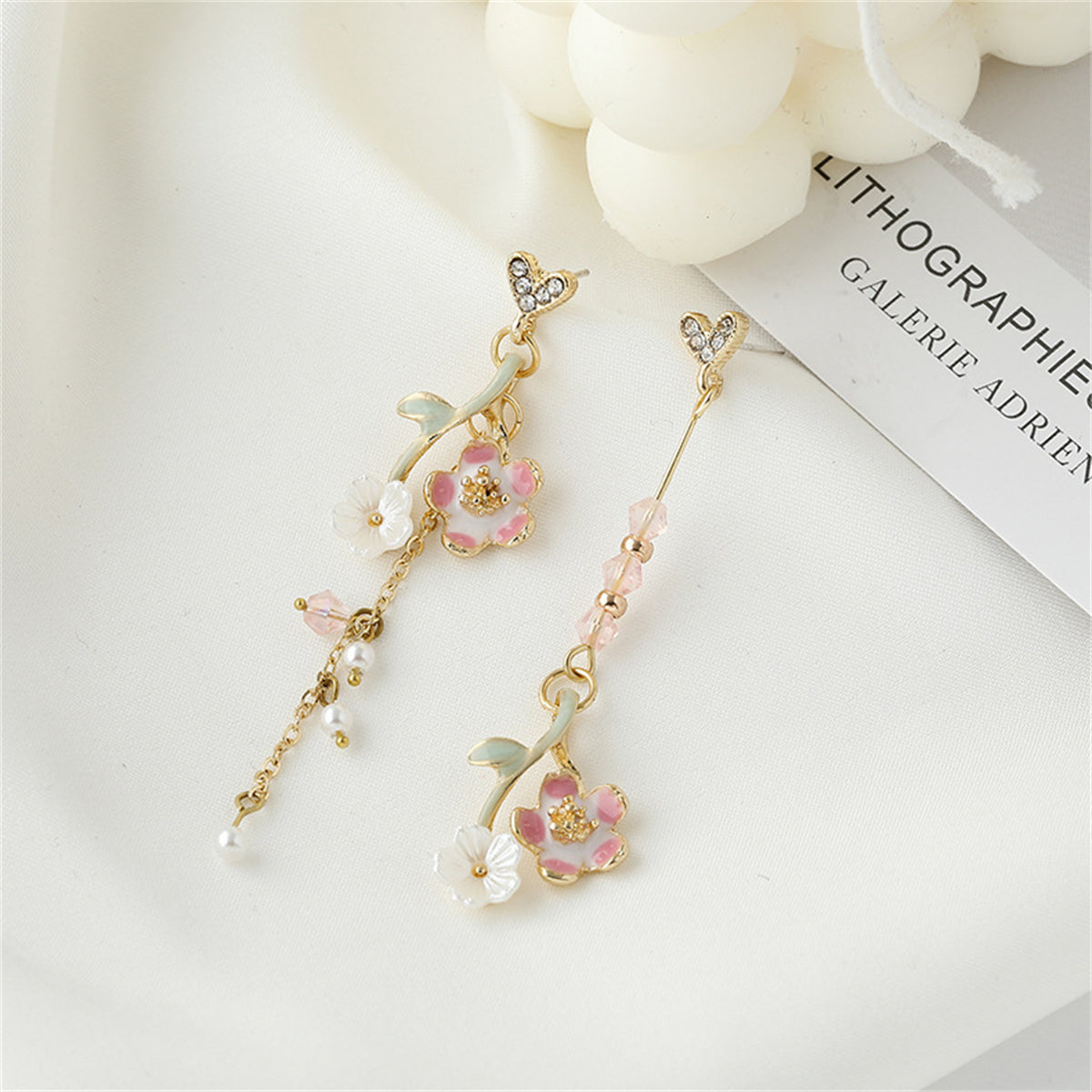 Pearl & Enamel Acrylic 18K Gold-Plated Floral Mismatched Drop Earrings