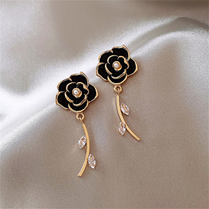 Black Enamel and Cubic Zirconia 18K Gold-Plated Floral Drop Earrings, gold drop earrings for women, everyday style, side view