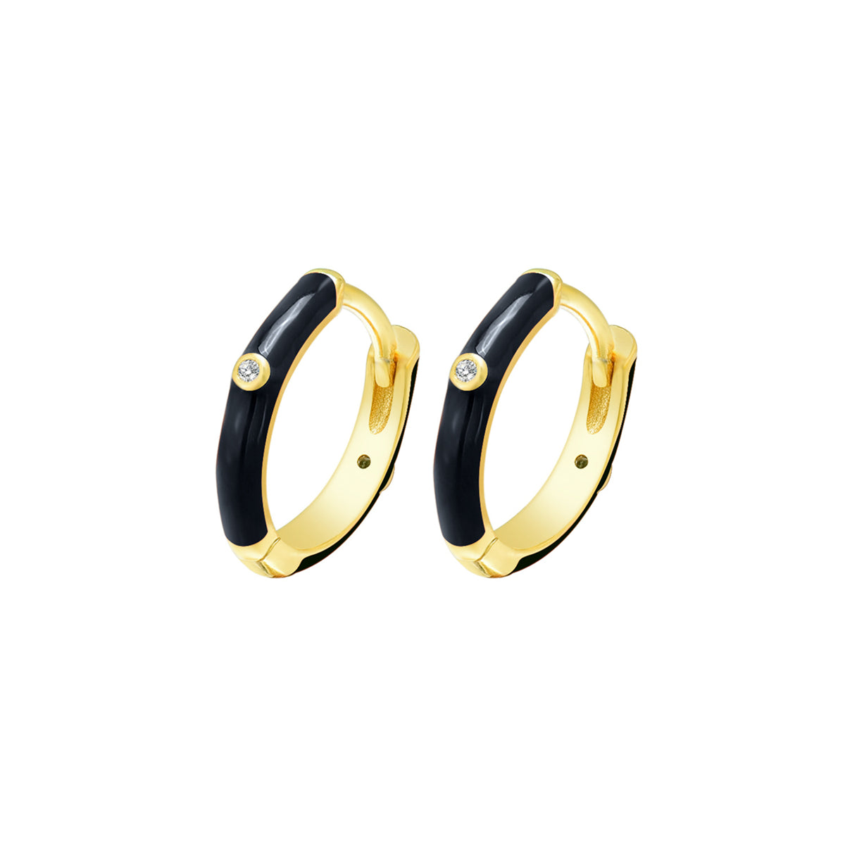Black Enamel and Cubic Zirconia 18K Gold-Plated Huggie Earrings, gold huggie earrings, botanical inspired, detail close-up