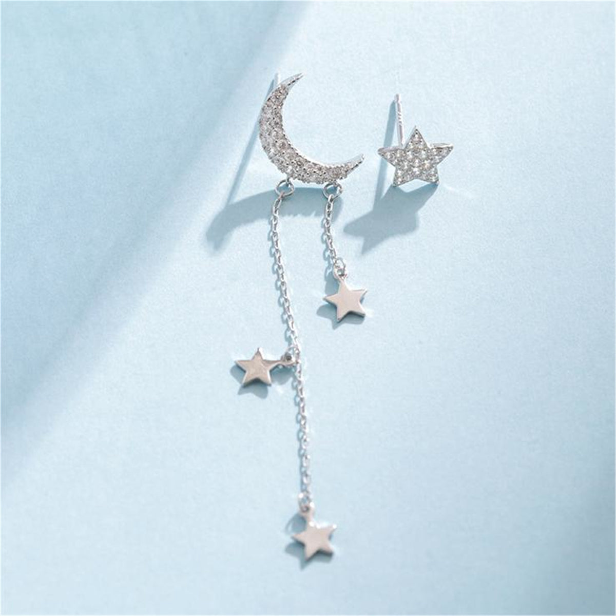 Cubic Zirconia & Silver-Plated Star Stud Earring & Moon Tassel Drop Earring