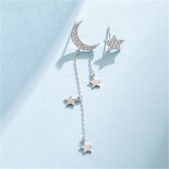 Cubic Zirconia & Silver-Plated Star Stud Earring & Moon Tassel Drop Earring