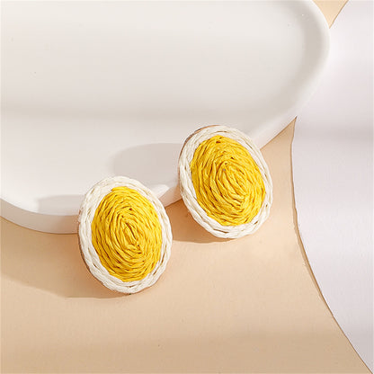 Yellow and White Raffia Oval Stud Earrings, stud earrings for women, elegant gift for her, detail close-up