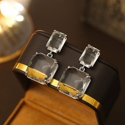 Clear Crystal Silver-Plated Square Drop Earrings, silver drop earrings for women, vintage-inspired design, side view