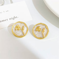 White Enamel & 18K Gold-Plated Rose Round Stud Earrings