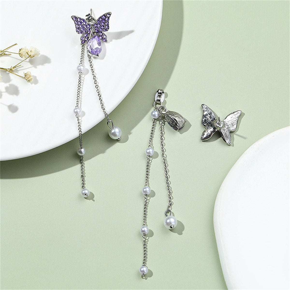 Purple Cubic Zirconia & Pearl Butterfly Tassel Ear Jackets