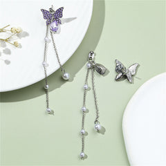 Purple Cubic Zirconia & Pearl Butterfly Tassel Ear Jackets