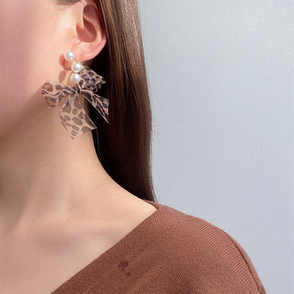 Pearl and Silk Leopard Print Bow Drop Earrings, drop earrings for women, everyday style, styled look