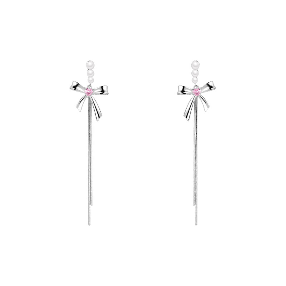 Pearl and Silver-Plated Bow Tassel Drop Earrings, silver drop earrings for women, botanical inspired, styled look