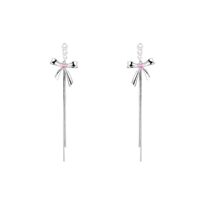 Pearl and Silver-Plated Bow Tassel Drop Earrings, silver drop earrings for women, botanical inspired, styled look