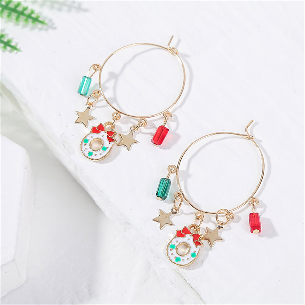 Red Enamel and 18K Gold-Plated Star and Wreath Hoop Earrings, gold drop earrings for women, side view