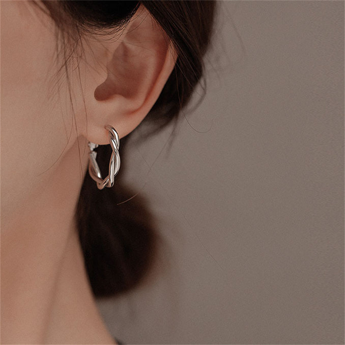 Silver-Plated Twine Hoop Earrings, botanical inspired, detail close-up