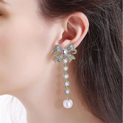 Pearl and Cubic Zirconia Crystal-Accent 18K Gold-Plated Bow Bead Drop Earrings, gold drop earrings for women, lifestyle look