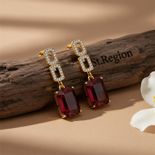 Cubic Zirconia & Red Crystal 18K Gold-Plated Square Drop Earrings