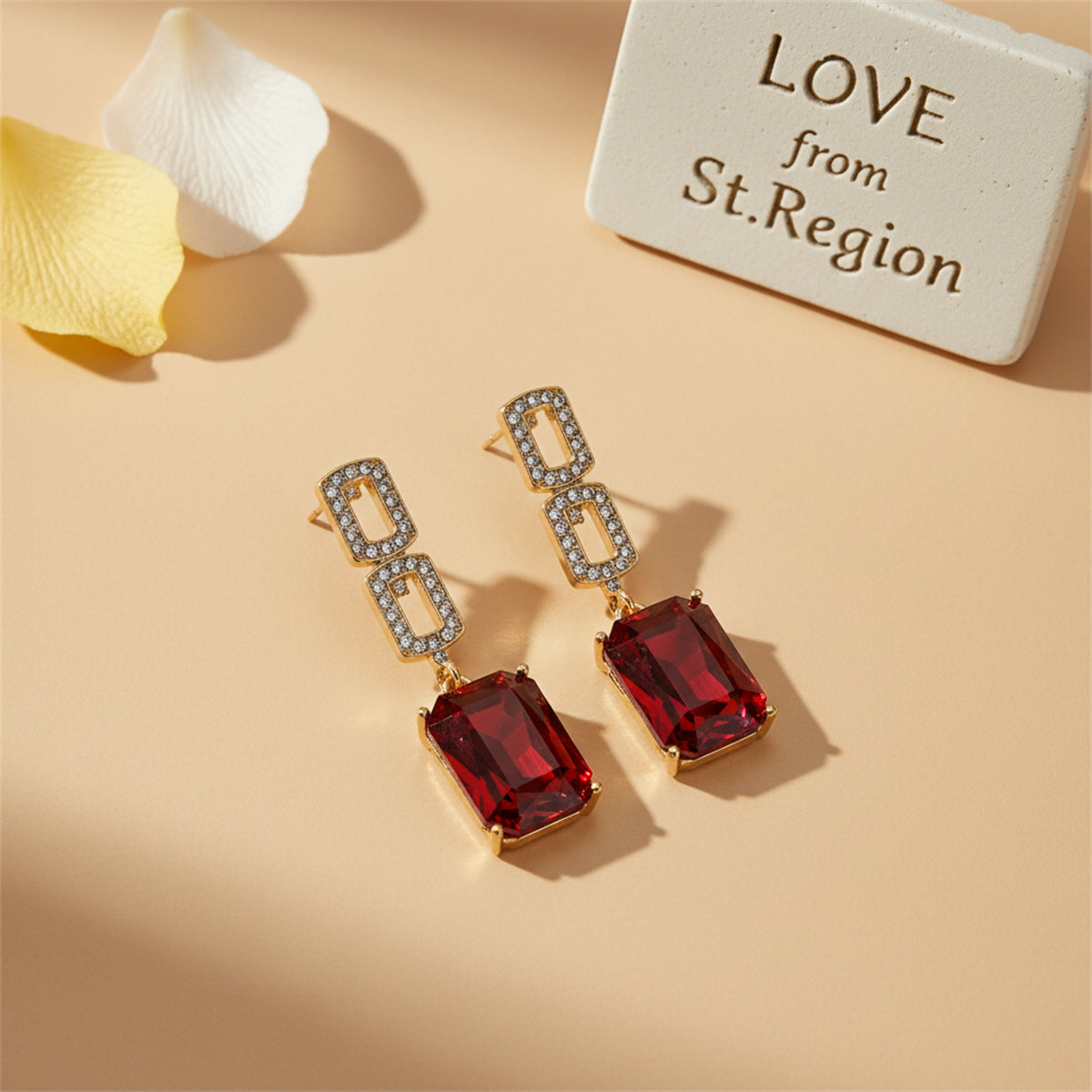 Cubic Zirconia & Red Crystal 18K Gold-Plated Square Drop Earrings