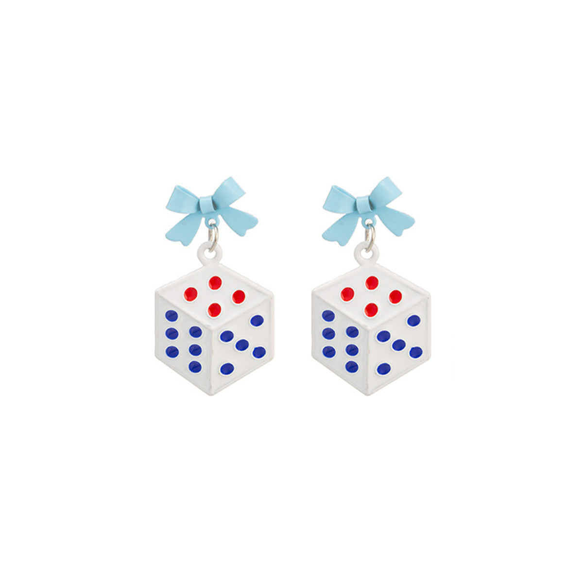 White Enamel and Silver-Plated Bow Dice Drop Earrings, silver drop earrings for women, everyday style, styled look