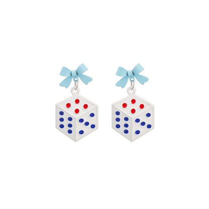 White Enamel and Silver-Plated Bow Dice Drop Earrings, silver drop earrings for women, everyday style, styled look