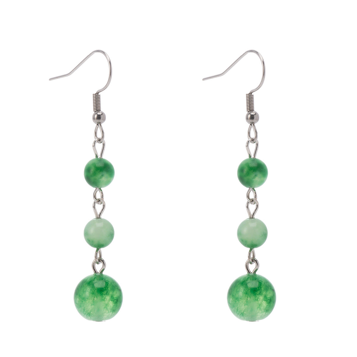 Green Jade & Silvertone Tiered Ball Hook Earrings - Street Region