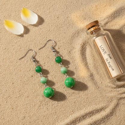 Green Jade & Silvertone Tiered Ball Hook Earrings - Street Region