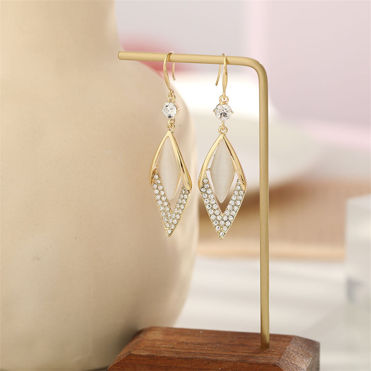 Cat's Eye and Cubic Zirconia 18K Gold-Plated Rhombus Drop Earrings, gold drop earrings for women, everyday style, side view