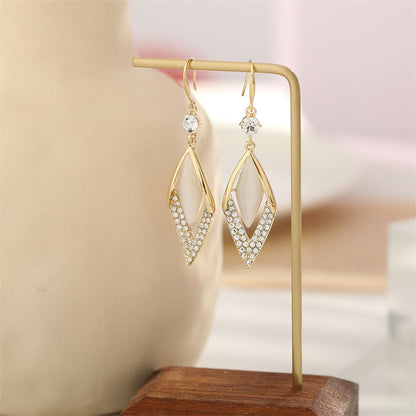 Cat's Eye and Cubic Zirconia 18K Gold-Plated Rhombus Drop Earrings, gold drop earrings for women, everyday style, side view