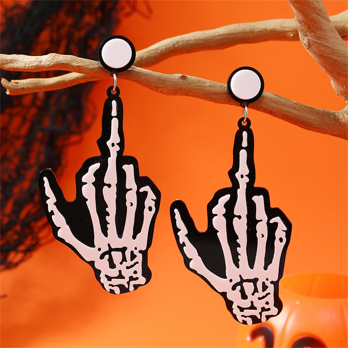 Black and Silver-Plated Skeleton Hand Drop Earrings, silver drop earrings for women, vintage-inspired design, detail close-up