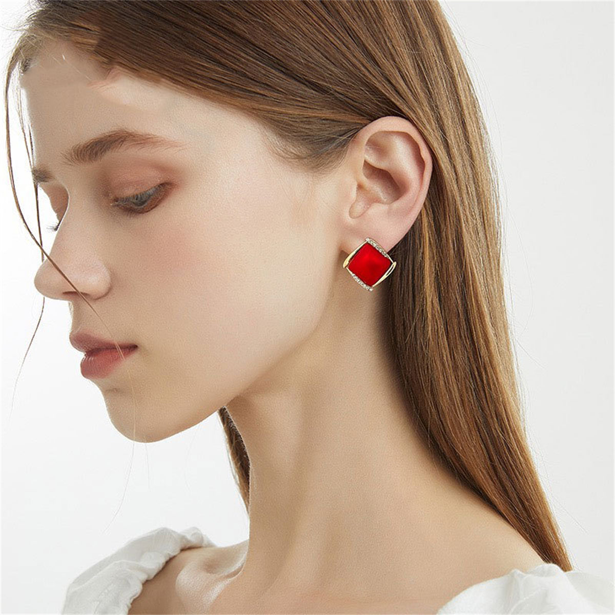 Red Resin and Cubic Zirconia Rhombus Stud Earrings, stud earrings for women, vintage-inspired design, styled look