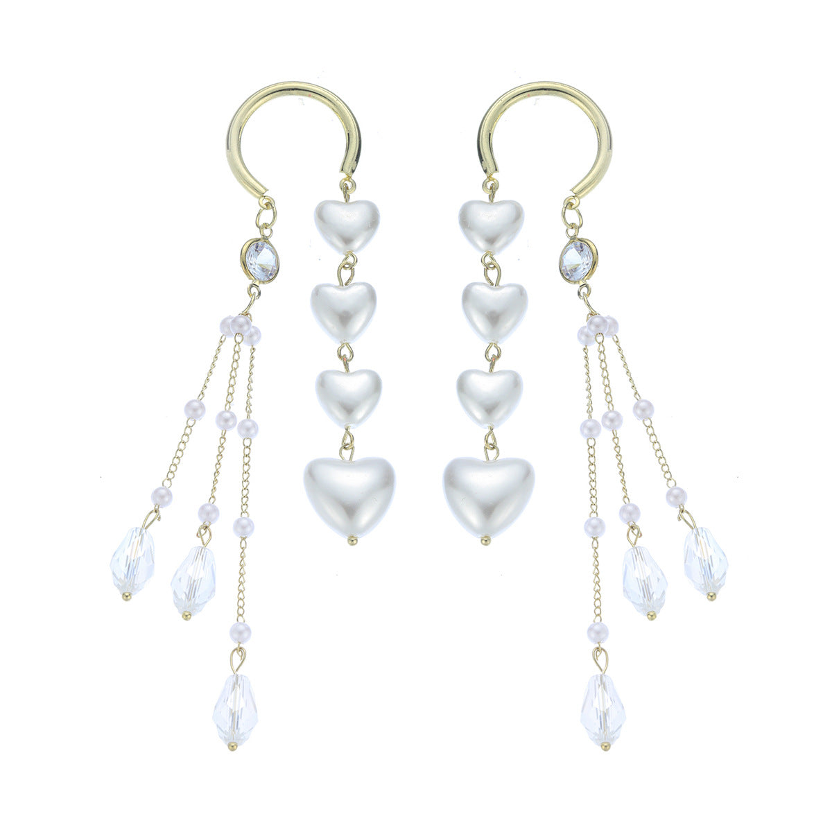 Cubic Zirconia and Pearl 18K Gold-Plated Heart Tassel Threader Earrings, gold drop earrings for women, front view