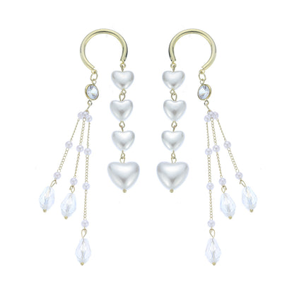 Cubic Zirconia and Pearl 18K Gold-Plated Heart Tassel Threader Earrings, gold drop earrings for women, front view
