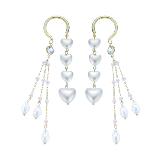 Cubic Zirconia and Pearl 18K Gold-Plated Heart Tassel Threader Earrings, gold drop earrings for women, front view
