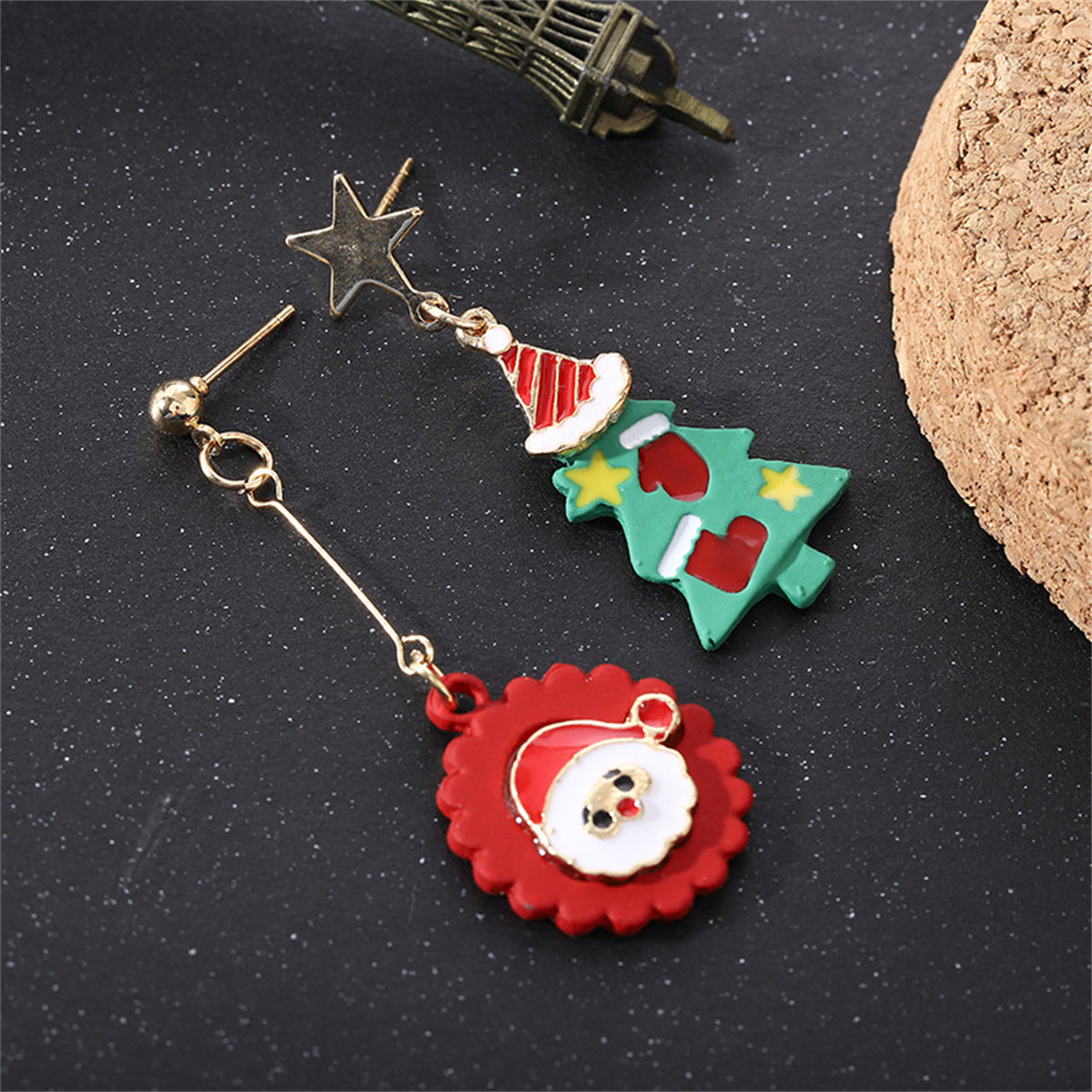 Red and Green Christmas Tree Santa Mismatch Drop Earrings, drop earrings for women, vintage-inspired design, lifestyle look
