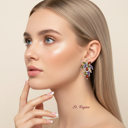 Multi-Colored Crystal & Silvertone Flower Cluster Dangle Earrings - Street Region