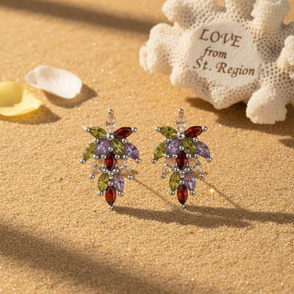 Multi-Colored Crystal & Silvertone Flower Cluster Dangle Earrings - Street Region