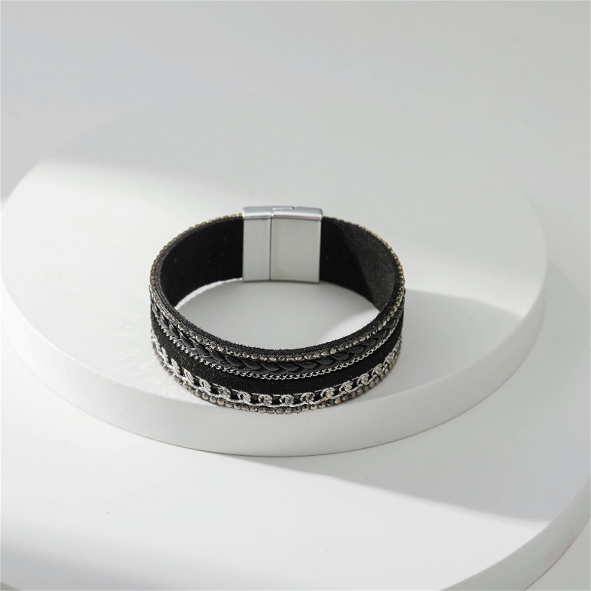 Black Polystyrene & Cubic Zirconia Silver-Plated Curb-Chain Bracelet