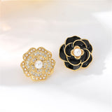 Black Enamel & Pearl Camellia Stud Earrings