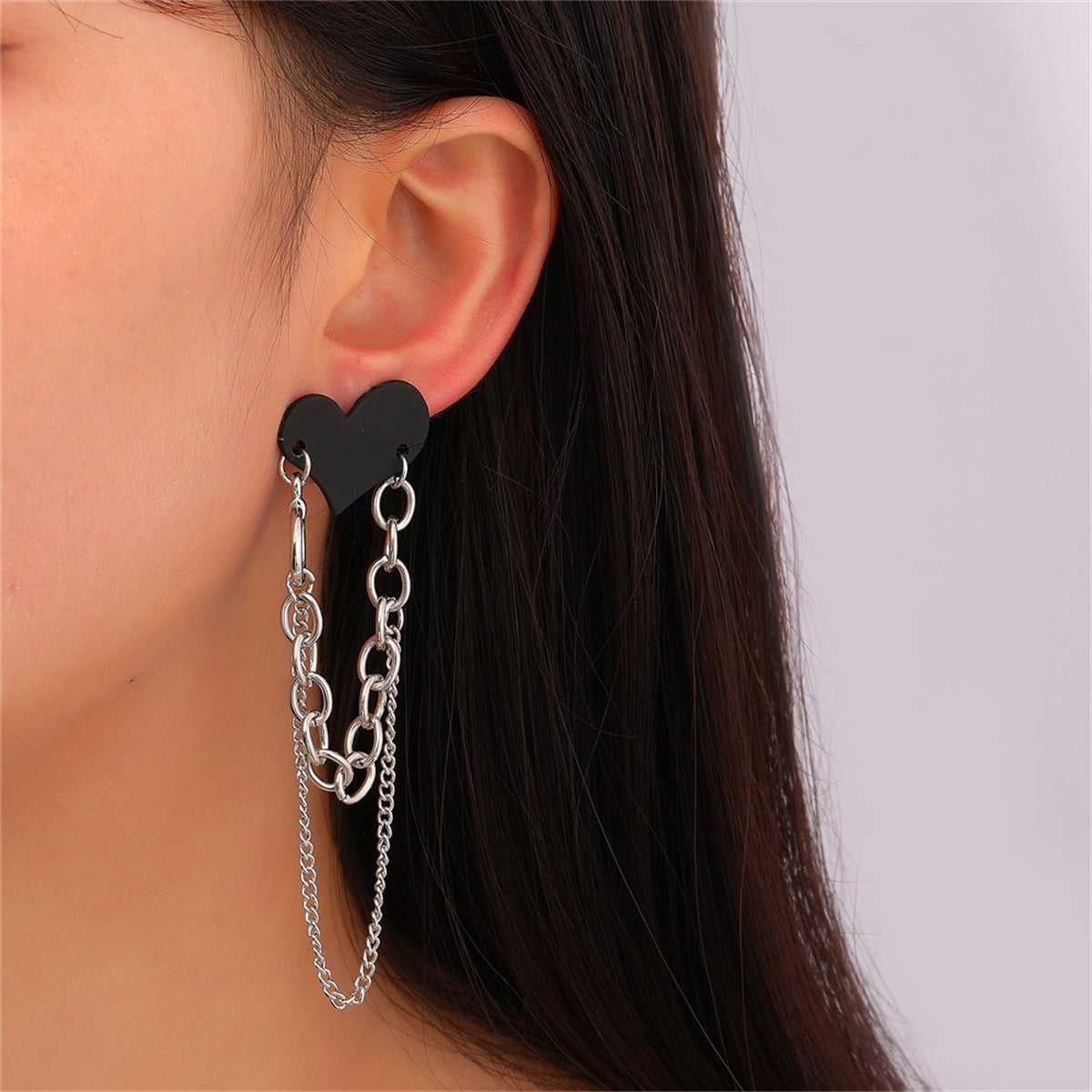 Black Acrylic & Silver-Plated Heart Chain Tassel Drop Earrings