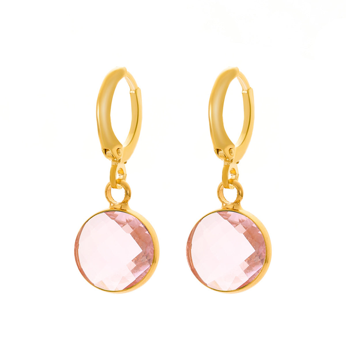 Pink Crystal and 18K Gold-Plated Round Huggie Earrings, gold huggie earrings, dainty minimalist design, side view